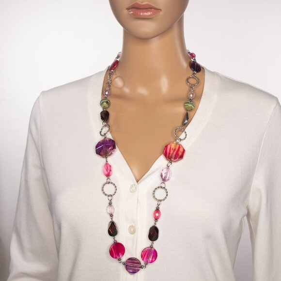 Single Strand Long Multicolored Beaded Necklace With Decorative Metal Circles - Picture 1 of 12